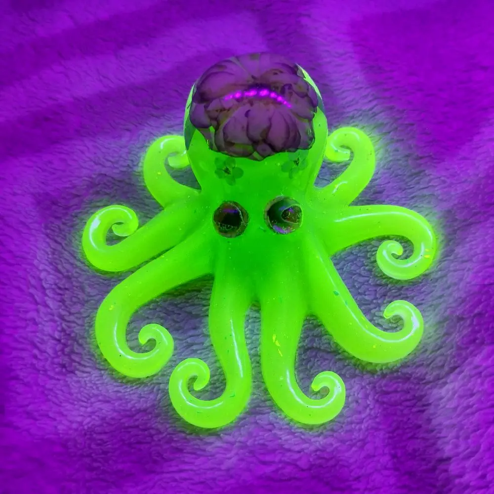 Epoxy Resin Octopus Figurine Florescent Under Black Lights Unique Green Glow Design Collectible Art Piece
