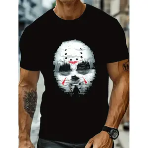 Men's Black Friday The 13th Horror Movie Graphic Cotton T-Shirt with Jason Voorhees Mask Short Sleeve Round Neck Street Style Summer Top for Men Comfortable Fit