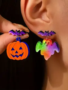 1 Pair Cartoon Halloween Earrings - Pumpkin & Bat Design, Acrylic Lightweight Dangle Earrings with Glittery Starry Background, Dark Wind Gothic Style for Women, Perfect for Halloween Parties & Gifts, Halloween Accessories, Festive Jewelry