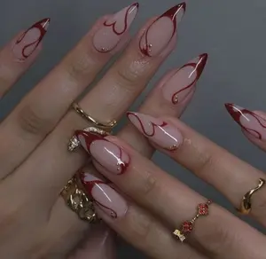 Burgundy Swirl French Tip Almond Press On Nails – Bold Red Glam Set
