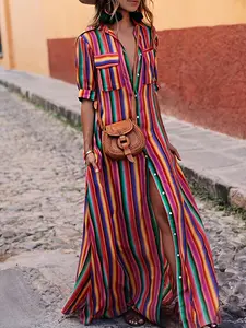 Women's Fashion Colorblock Shirt, Collared Design, Fitted, Simple Yet Versatile, Stylish Casual Wear, Perfect for Daily Use, Stripe, Striped, Womenswear