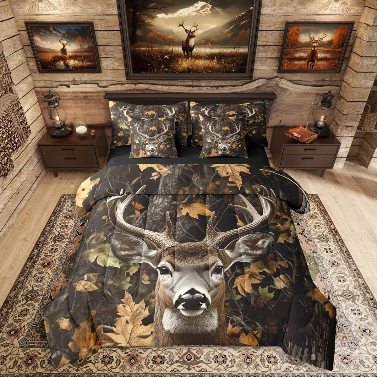 Feelyou 7-Piece Ultra Soft Deer Camo Bed Comforter Set - Multi-Size Bedding with Sheets, Rustic Animal Print for Country Lodge, Cabin Use (Teens, Adults), Seven Pieces