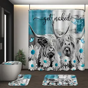 Highland Cow Pattern Bathroom Accessories with Hooks, Including Shower Curtain & Toilet Lid Cover & Bath Mat & U-shaped Mat