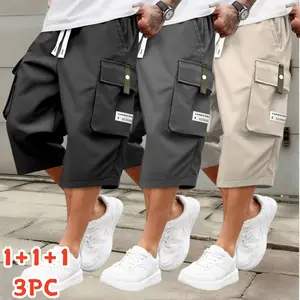 Men's  Solid Cargo Shorts Elastic Drawstring Waist Multi-Pocket Letter Patch Knee Length Capri Shorts Regular Mid-Rise Non-Transparent Fabric Streetwear, TikTokShop Summer Glow Up Tropical Vibe  Mens Casual Utility Bottoms