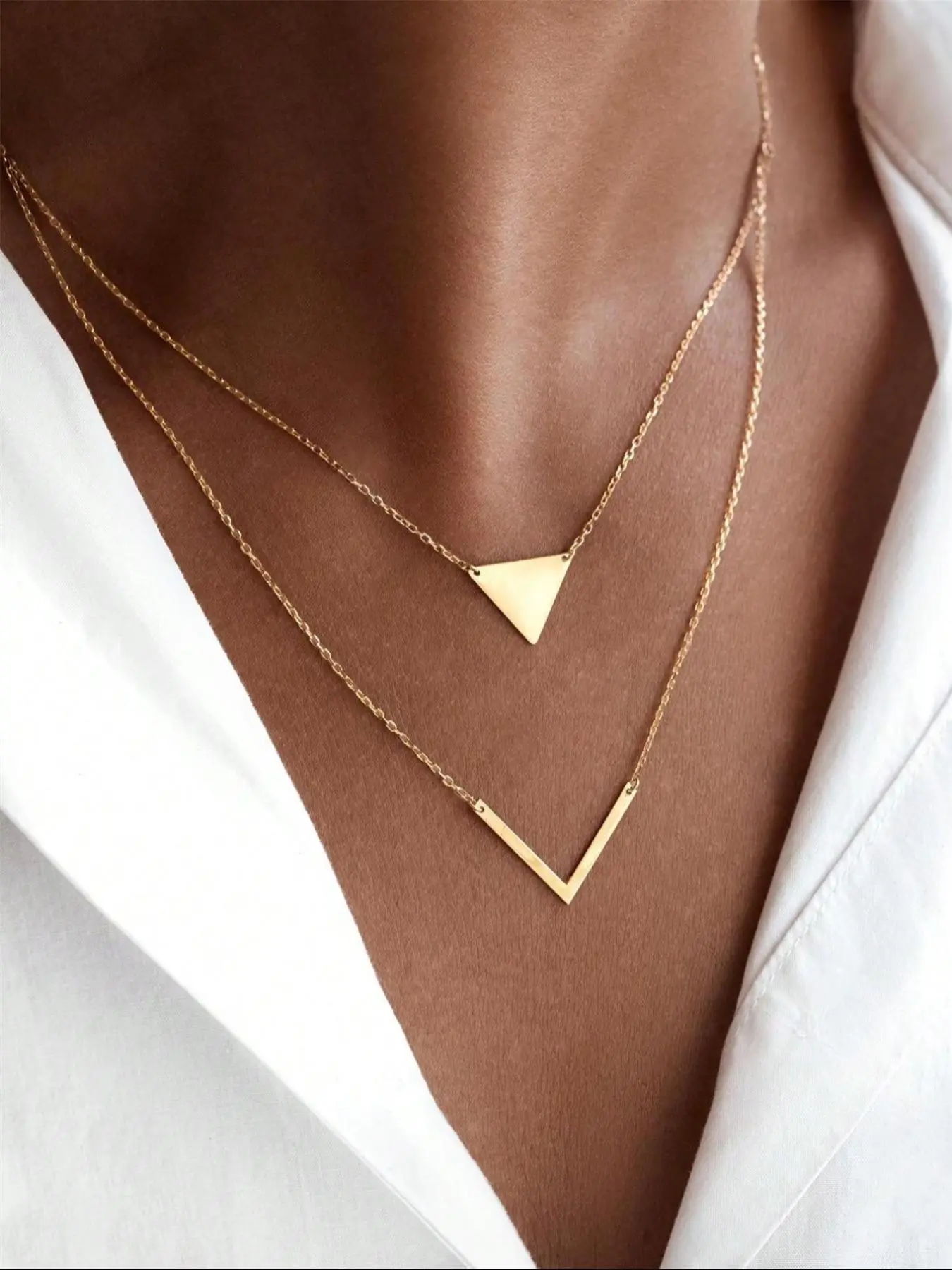 Women's Elegant Triangle & Letter V Design Layered Necklace, Exquisite Trendy Layered Necklace, Chic All-match Vintage Jewelry As Gift for Girlfriend, Fashionable Jewelry Accessories, Birthday Necklace, Chain Necklace