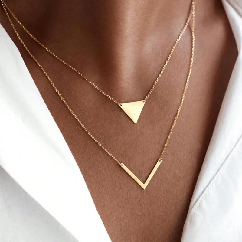 Women's Elegant Triangle & Letter V Design Layered Necklace, Exquisite Trendy Layered Necklace, Chic All-match Vintage Jewelry As Gift for Girlfriend, Fashionable Jewelry Accessories, Birthday Necklace, Layering Necklaces