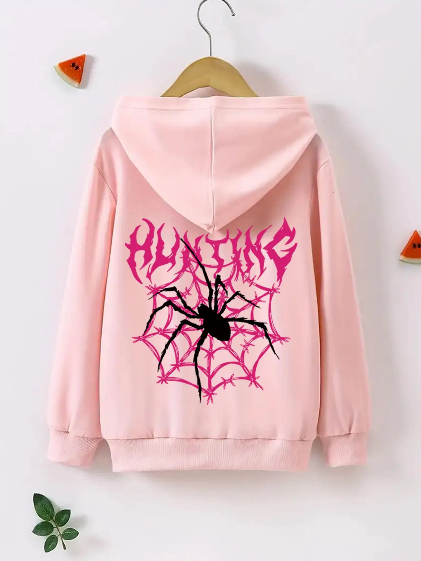 Girl's Spider Print Drop Shoulder Hoodie, Fashion Casual Long Sleeve Hooded Sweatshirt for Daily Outdoor Wear, Girls Clothing for Fall & Winter, Sweat