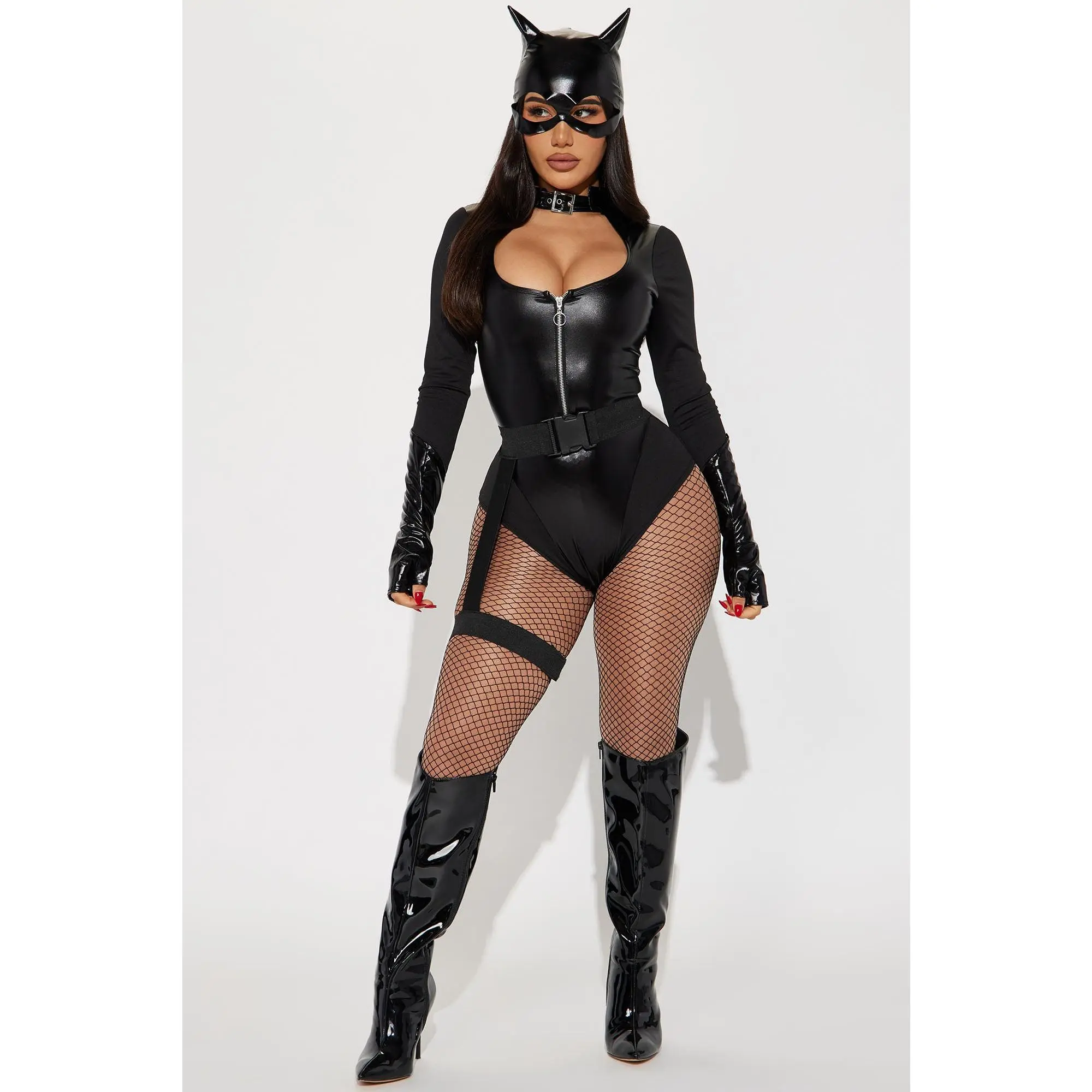 Sexy Cat Hero 3 Piece Costume Set - Black