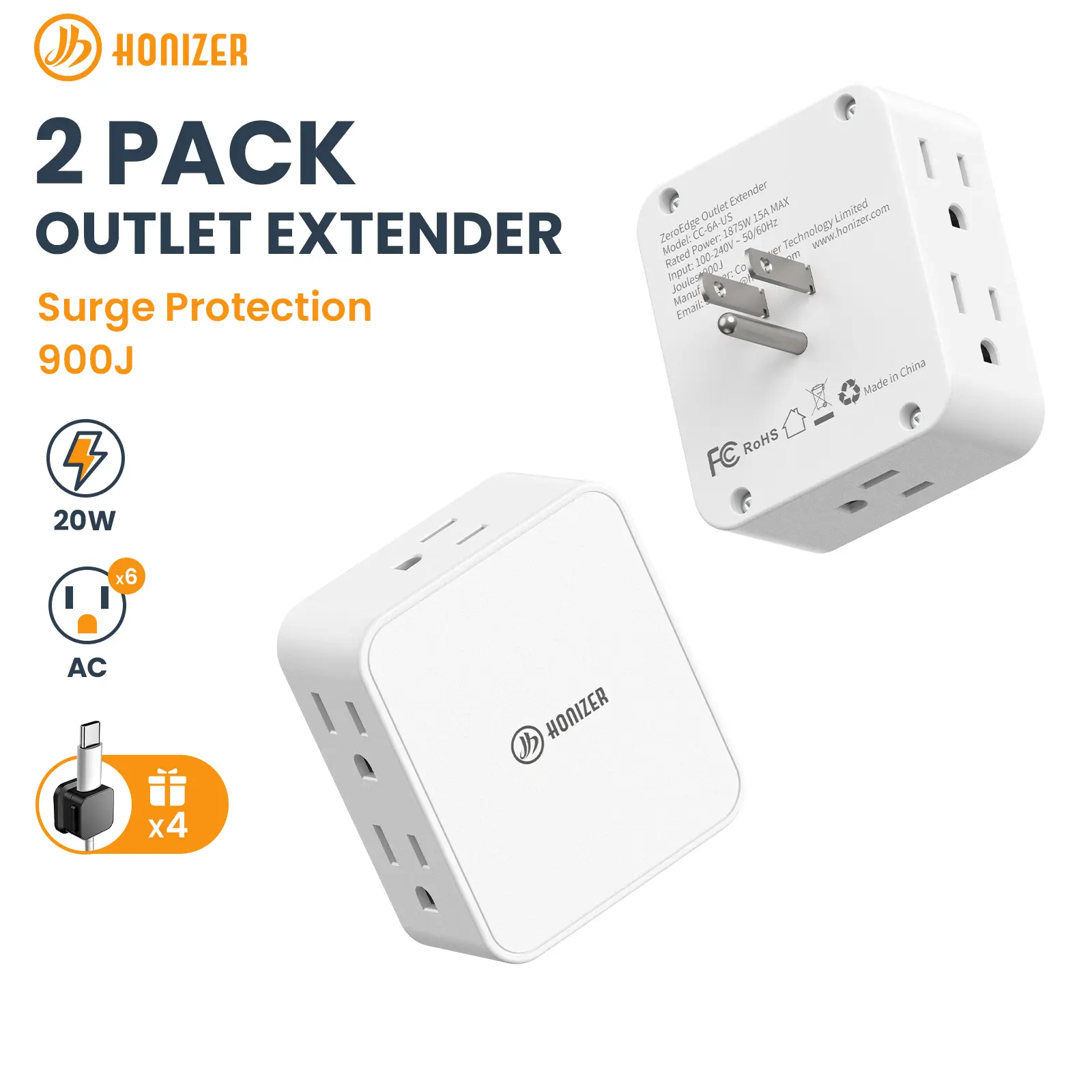HONIZER 2Pack Flat Wall Outlet Extender, 6 Side Outlets Each, 3-Sided Multi Plug Adapter for Behind Couch, Nightstand, Desk & TV, Includes 4 Cable Clips