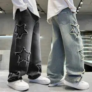 Boys Five Pointed Star Jeans Embroidered Patch Design Sensing Straight Loose Pants Personality Big Fashionable And Cool Universal Casual Denim Plus Size
