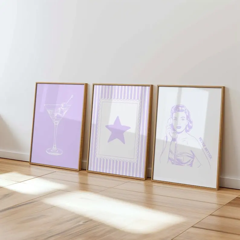 Purple Retro Wall Art Set - Vintage Aesthetic Prints for Dorm or Apartment Décor