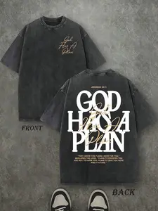 Retro Washed T-Shirt Double Sided Printed 230 Pure Cotton'GOD HAS A PLAN' Letter Print Men's Casual ComfortableFashionable Street Style Cotton Distressed FestiveMenswear Tops slightly cropped shirt men