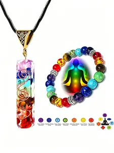 7 Chakra Crystal Set, includes an orgonite pendant necklace and matching bead bracelet. Designed to balance energy centers, reduce stress, and enhance meditation. Perfect for yoga lovers and anyone seeking spiritual alignment and positive vibes.