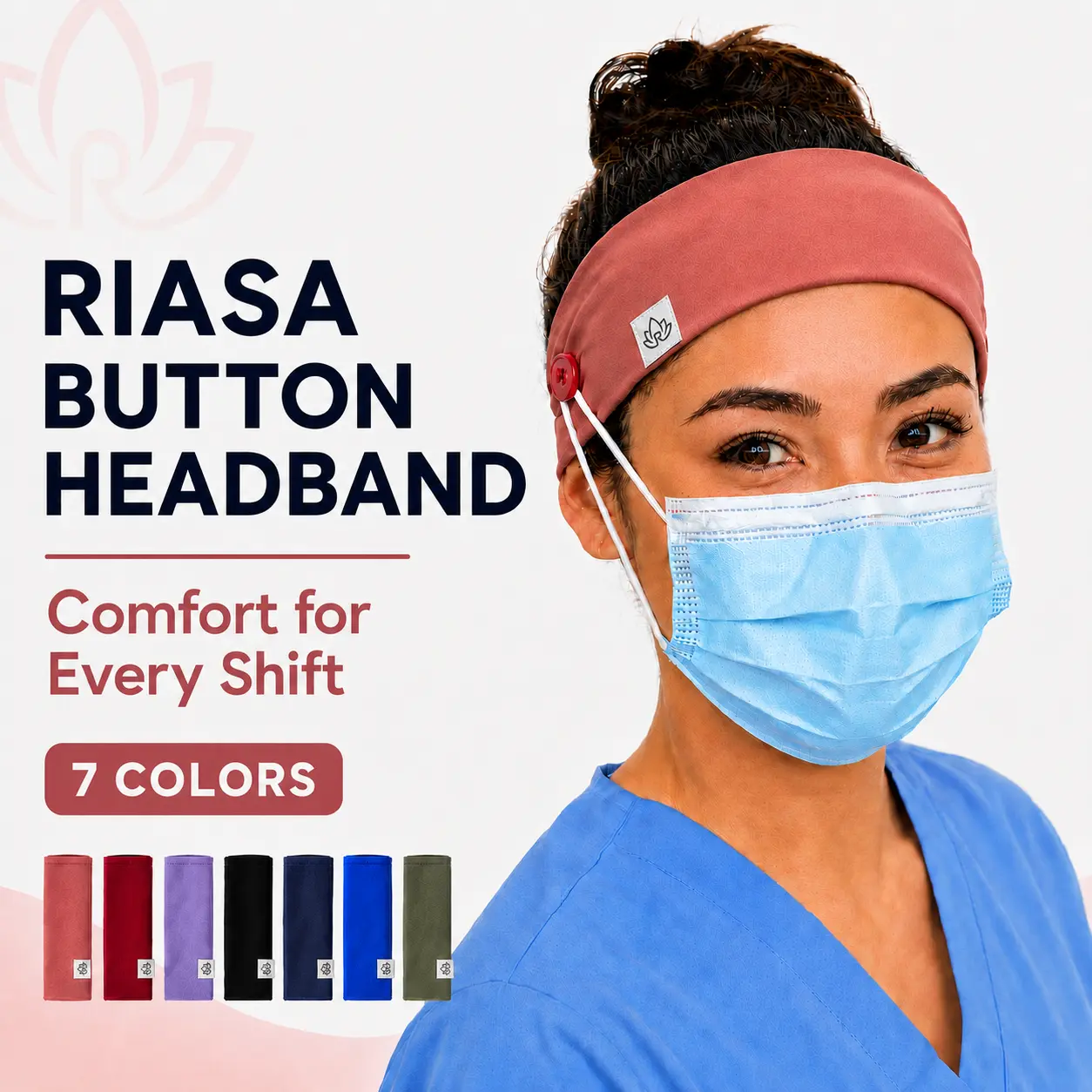 RIASA Wide Stretch Headband with Side Buttons for Mask Loops, Soft Performance Fabric for Nurses and Healthcare Workers