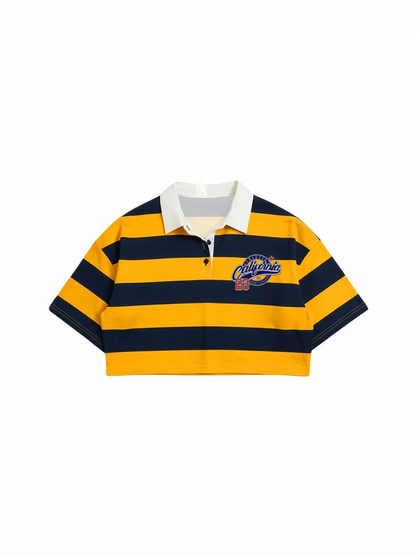 Vintage Colorblock Striped Short Cropped Collared Polo Shirt, High Waist Loose Fit Five-Quarter Sleeve, Street Casual Style Crop Top for Women, Streetwear, Womenswear, Casual Polo Shirts