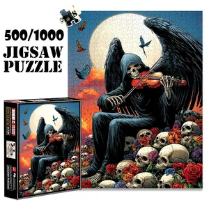1pc 1000 piece adult puzzle 70x50cm Skeleton with Black Wings Playing Violin among Skulls and Flowers under Moon500 pieces of paper jigsaw puzzle, suitable for adults and families, large-scale DIY