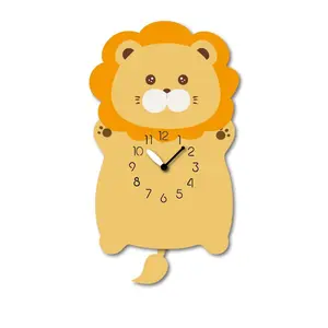 "Cubby" - Adorable Baby Lion Shaped Pendulum Wall Clock, Cartoon Style, Earth Tones, MDF, 13.8'x8'x1.8', Elegant White Gift Box