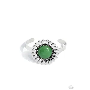 Organic Orchard - Green Jade Stone Silver Floral Cuff Bracelet - Paparazzi