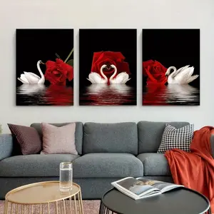 Romantic Rose Swan Decorative Painting Set, Romantic Imagery, Pine Wood Frame, Background, Luxury Heart Design, Living Room Wall Art, Wooden Wall Art