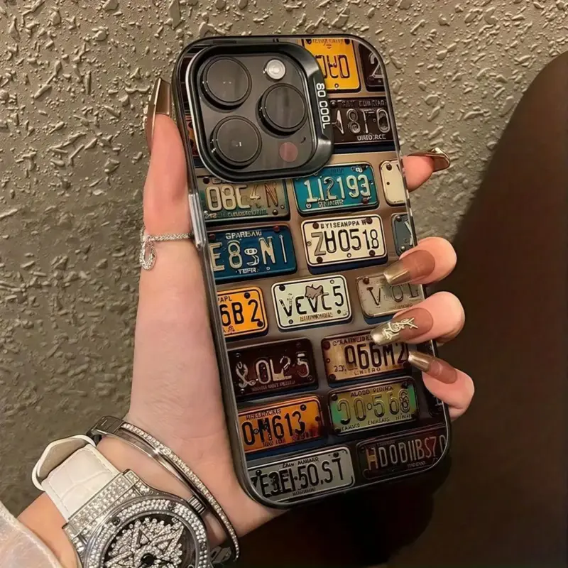 A vintage car license plate pattern silver INS phone case suitable for Apple iPhone 7/8/7p/8p/X/Xs/Xr/Xsmax/11/11pro/11promax/12/12pro/12promax/12MINI/13/13pro/13promax/13MINI/14/14pro/14plus/14promax/15/15pro/15plus/15promax/16/16pro/16plus/16promax