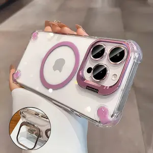 Transparent Magnetic Corner Thickened Shockproof Protective Phone Case Cover with Metal Stand & Lens Film, Compatible with iPhone 17Pro Max 1/7Air/16/15/14/13/12/11Pro Series