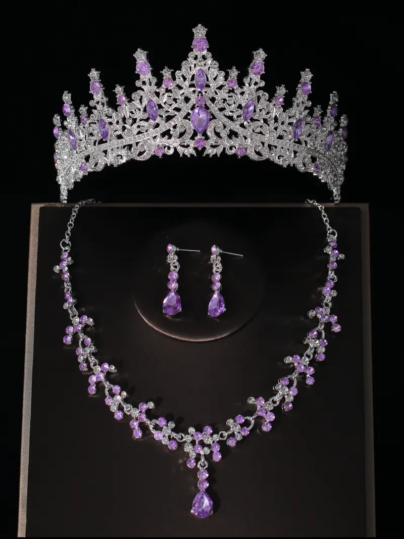 A set of classic rhinestone crown, necklace, and earrings  display picture 1
