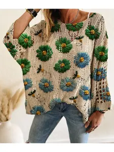 Spring/Summer style, boat neck, diamond hollow out, batwing drop shoulders, loose fit, Oversized, color-block floral print, long-sleeve women's knit top, Knitwear, vacation style, casual elegant commute, ladies' vest cover-up, bikini cover-up