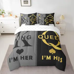 7 Pieces and Comforter Set Her and His Crown Bedding Set for Lover Couple Room Decor Grey Black Gold Bed in a Bag with Comforter Fitted Sheet Top Sheet and Pillowcases