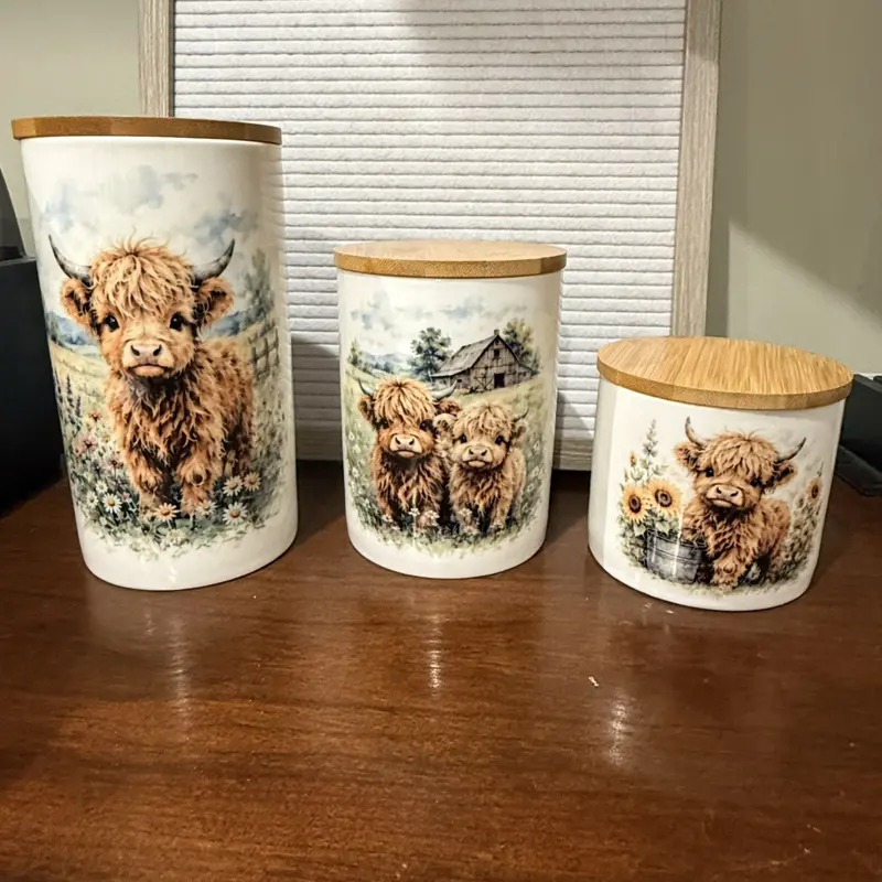 Farmhouse Highlander Cow Canister Set - 3-Piece Collection with Wooden Lids, Ideal for Kitchen Storage, Decorative Design