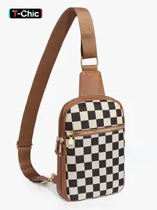Women's Solid Color Zipper Fanny Pack, Fashionable PU Leather Sling Bag for Daily Used, Casual Trendy Versatile High-quality Daily Commuting Bag, Checkered Fanny Pack, Checkered Bum Bag, Belt Bags