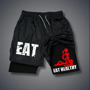 Eat Healthy Adult Humor - Unisex Shorts Oversized Double Layer Sports Shorts with Elastic Waistband , Funny Design