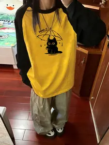 2026 Spring Summer New Cute Cartoon Cat Print Long Sleeve T-Shirt, Loose-Fitting Casual Oversize Top for Women, Breathable and Sweat-Wicking