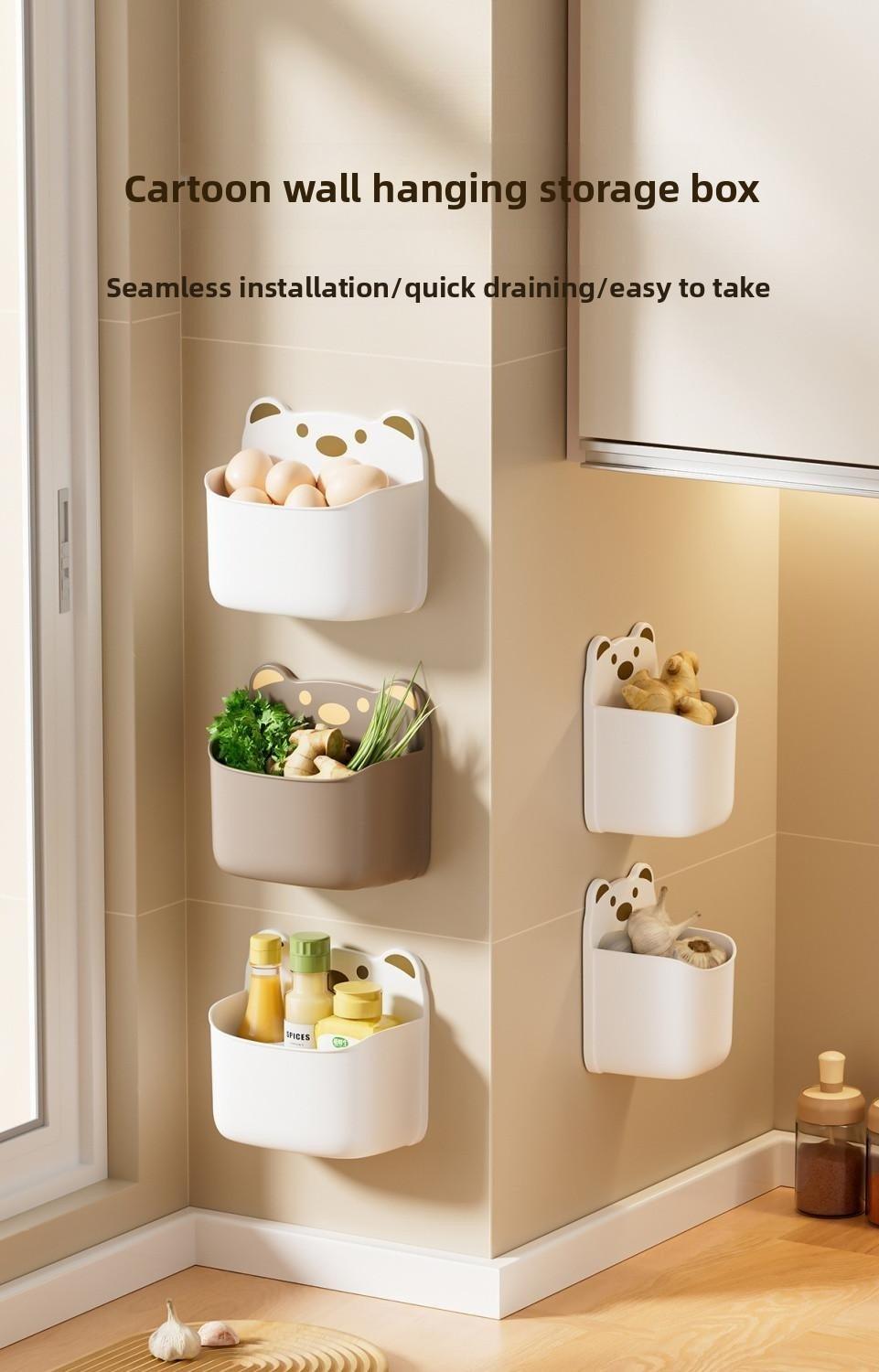 Cartoon wall storage box, ginger, garlic storage wall hanging storage box, storage basket, multi-functional kitchen wall storage rack, no-drilling adhesive hooks