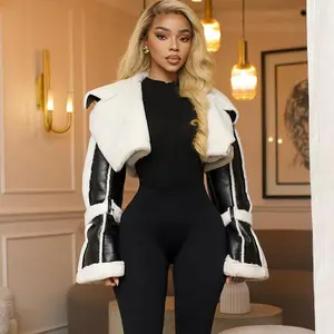 Women's Fall Fashion PU Leather Patchwork Fur Collar Short Jacket, Street Style Zipper Design, Casual Outerwear for Ladies