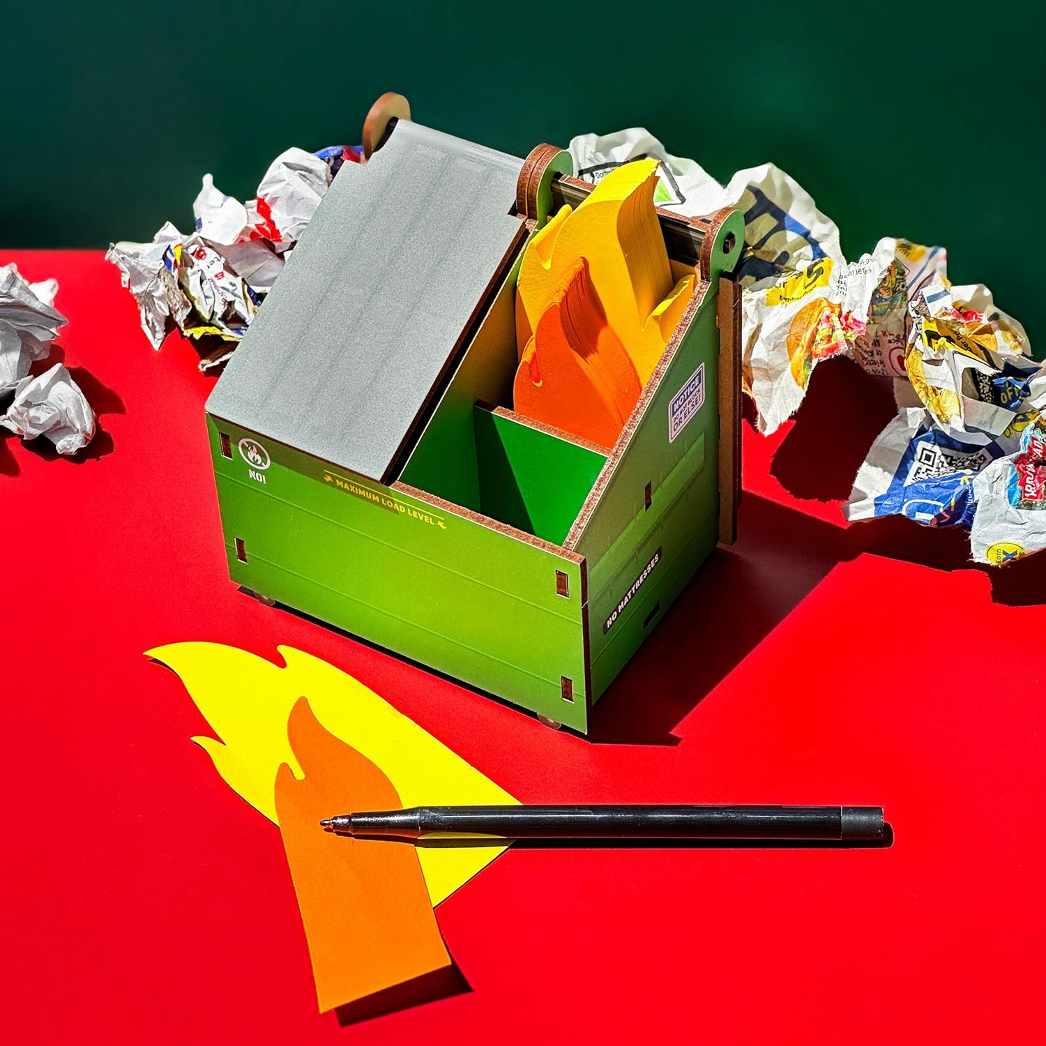 Desk Dumpster Pencil Holder with 100+ Flame Note Cards, Funny 3-Compartment Organizer for Office Supplies, Desk Caddy for Work or Home