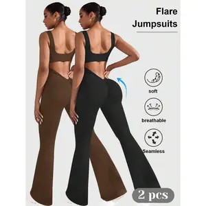 Womens Flare Jumpsuits One Piece Seamless Butt Scrunch Workout Romper Square Neck Backless Wide Leg Unitard Fall Outfits Stretchable Activewear