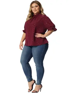 Agnes Orinda Plus Size Blouse Work Office Pleated Mock Neck Star Print Puff Sleeve Tops