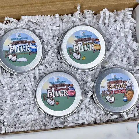 Lon Lon Milk Candle Sample Pack Bundle | Lon Lon Vanilla Milk, Lon Lon Strawberry Milk, Lon Lon Banana Milk, & Cucco Farms 2 oz Sample Tin Bundle