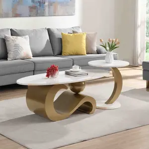Modern Nesting Coffee Table Set of 2 with Faux Marble Texture Surface, 47.24" Oval Cocktail Table with S Shape Base, Wooden Center Table and Side Table with Metal Frame for Living Room, White+Gold