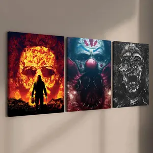 Wooden Framed Canvas Painting, 3 Counts/set Horror Movie Character Poster, Scary Demon Decorations, Halloween Decorative Painting, Home Decoration, Wooden Wall Art