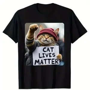 STORE-Material 100% Cotton Cute Cat Activist Cat Lives Matter Statement T-Shirt for Daily Life Work Going Out Shopping