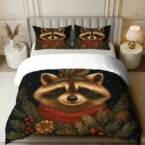 3PCS Duvet Cover Set, 1 Duvet+2 Pillowcases(Without filler), Raccoon Christmas Winter Botanical Animal Forest theme, Christmas bedding set, Pillowcase Set Suitable for decoration living room bedroom study office.