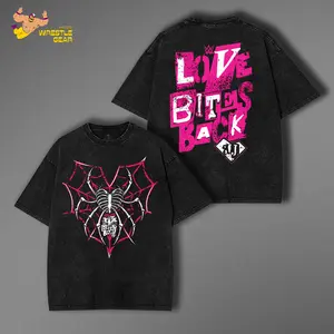 AJ Lee Love Bites Back Washed T-Shirt Wrestling Shirt WWE Fans WWE Tee Menswear Cotton Crewneck Premium American Made Acid Washed 100% Cotton