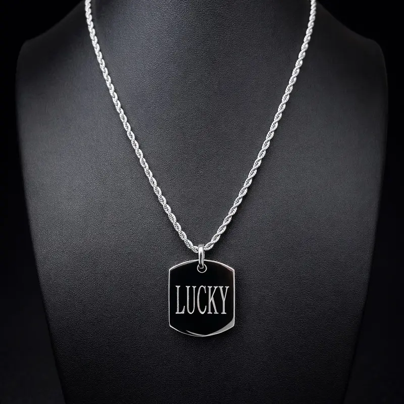 Steel Bonds. Rope chain paired with engrevable pendant. Tarnish and water resistant suitable for everyday wear! 18k gold PVD and stainless steel.