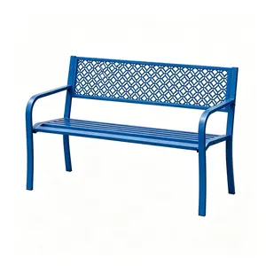 Outdoor Metal Garden Bench 2 Person, 790 Lbs Heavy Duty Steel Patio Bench with Geometric Backrest, Weather Resistant Blue Outdoor Seating for Porch, Yard, Deck, Entryway