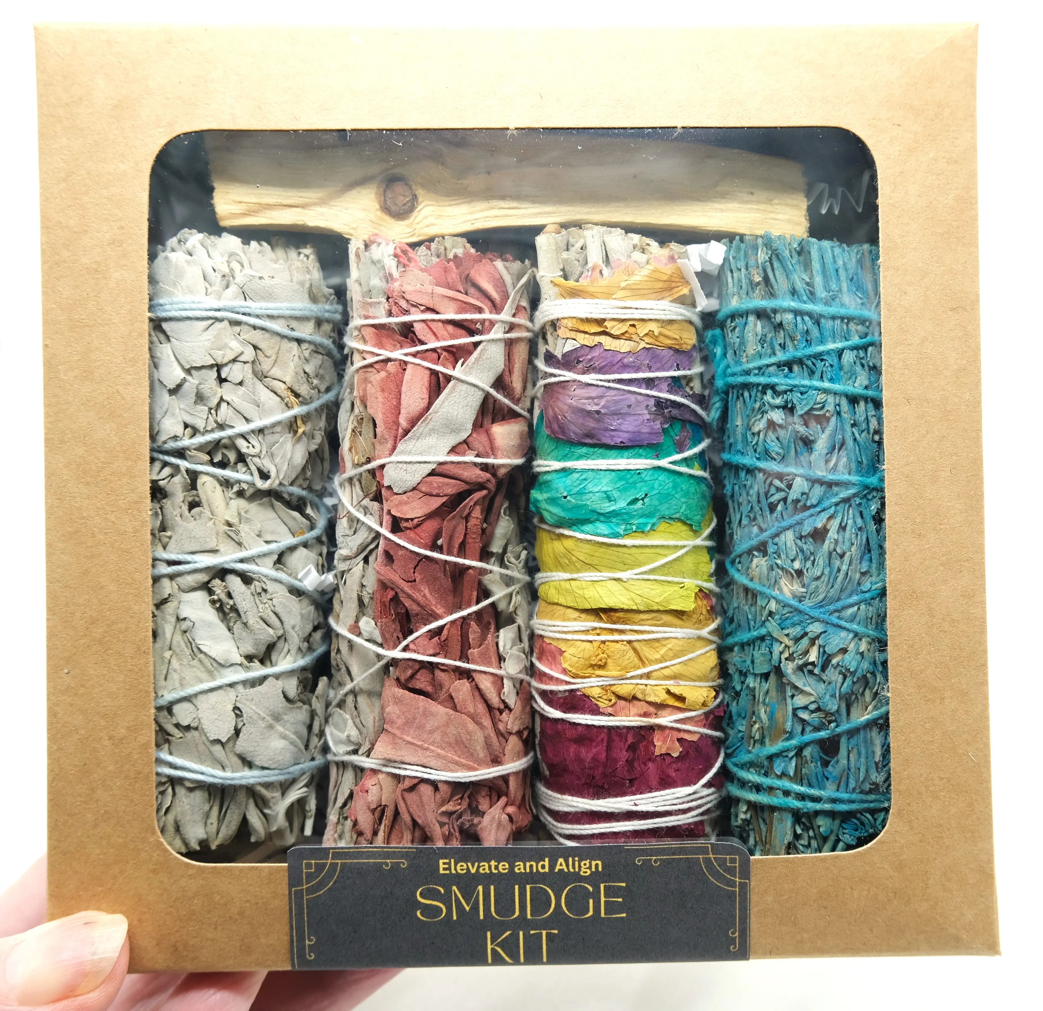 Palo Santo and White Sage Smudge Kit | Includes Nag Champa Sage, Dragons Blood Sage, 7 Chakra Rose Sage Freshener