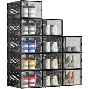 X-Large 4 Pack Shoe Storage Box with Magnetic Door, Fit up to Size 13, Clear Plastic Stackable Shoe Organizer for Closet
