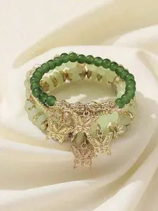 4pcs Bohemian Glass Beaded Flower Charm Elastic Bracelet Set Women (Position Random)