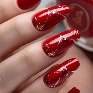 Long length, detachable, glossy, almond-shaped, red, flower, line, pattern, spring and summer style, 24 pieces, nail art stickers, detachable, wearable nails, false nails, stick-on false nails, DIY gel style, press-on false nails
