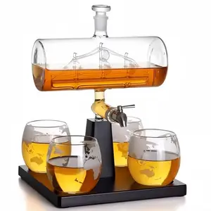Whiskey Decanter Globe Set with 4 Etched Glasses, Perfect for Scotch Bourbon Vodka, Ideal Mens Gift, 34oz Home Bar Set, Liquor Decanter Set, Birthday Present for Dad